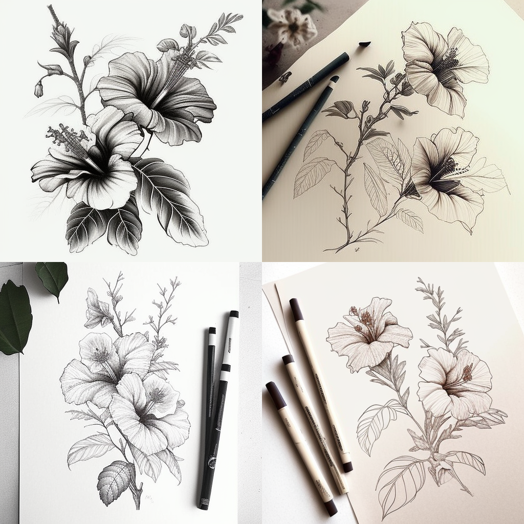 Classic Hibiscus Tattoo Sketch Mid-Journey