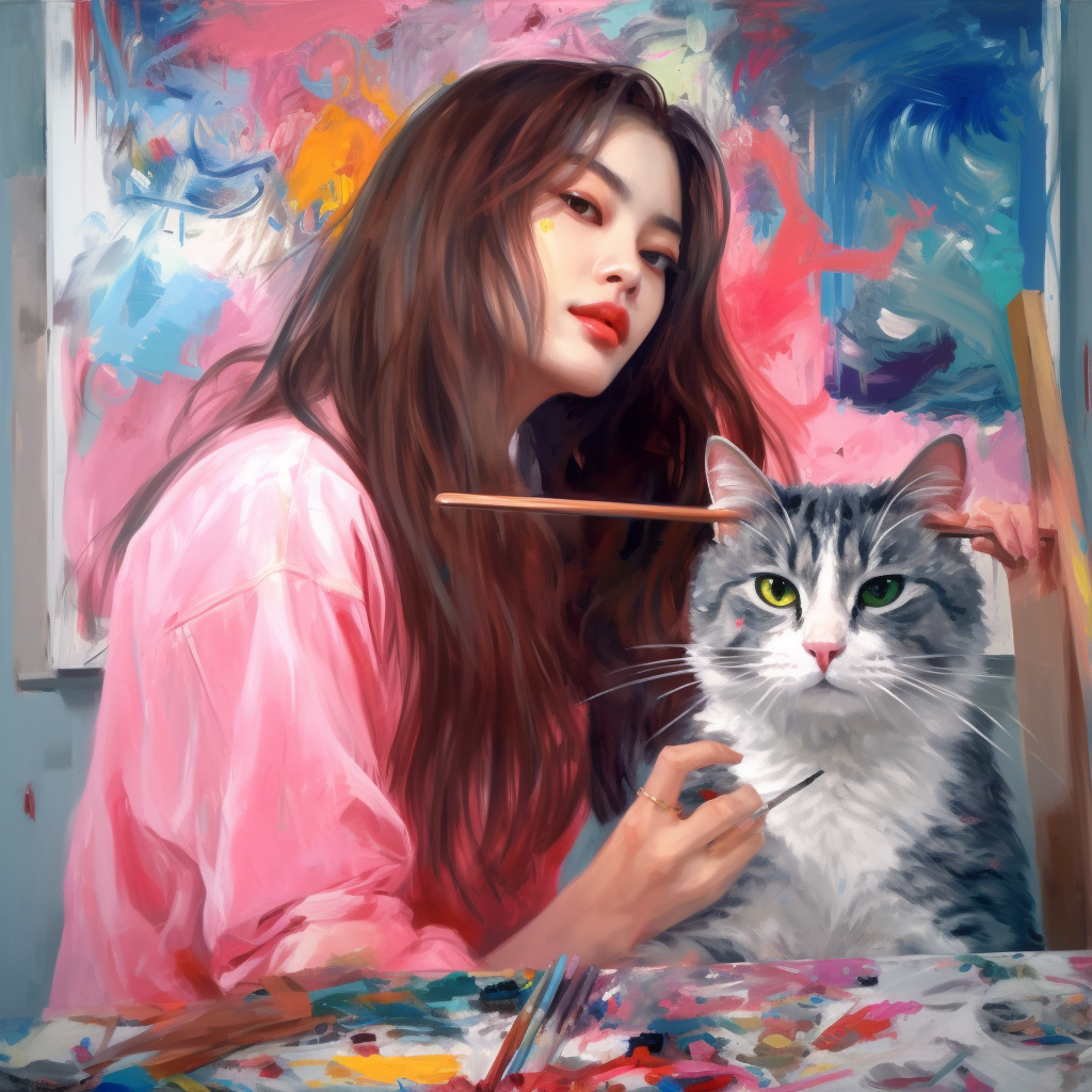 Detailed Colorful Portrait of a Korean Artist with Cat