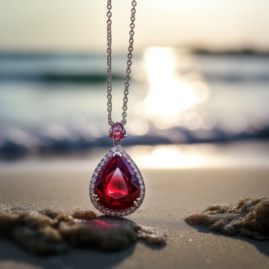 Aromatic Ruby Necklace against a Sunset Beach Backdrop