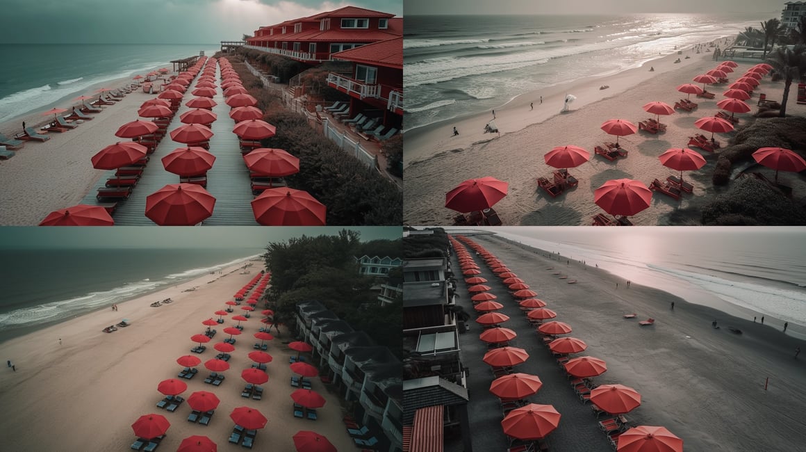 Cinematic Aerial View of Red Umbrella Beach Resort in Overcast