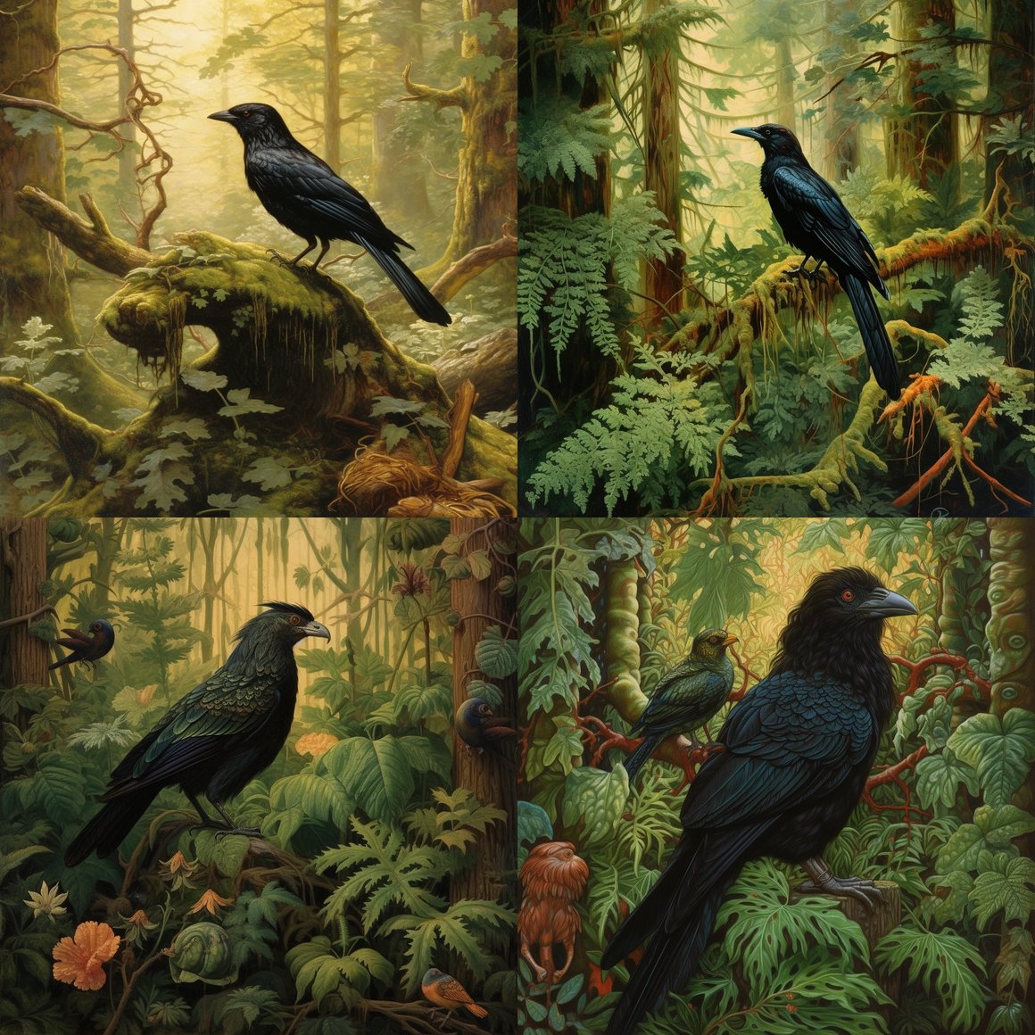 Hawk, Crow, and Hummingbird in a Verdant Forest Mid-Journey