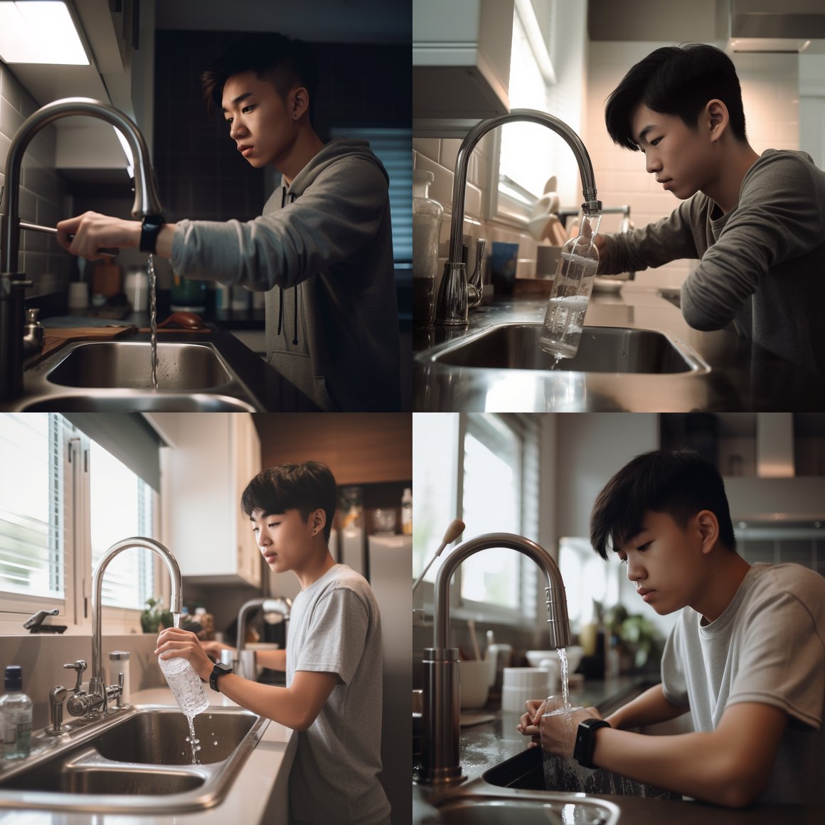 Asian Teen Refilling Water from Kitchen Faucet