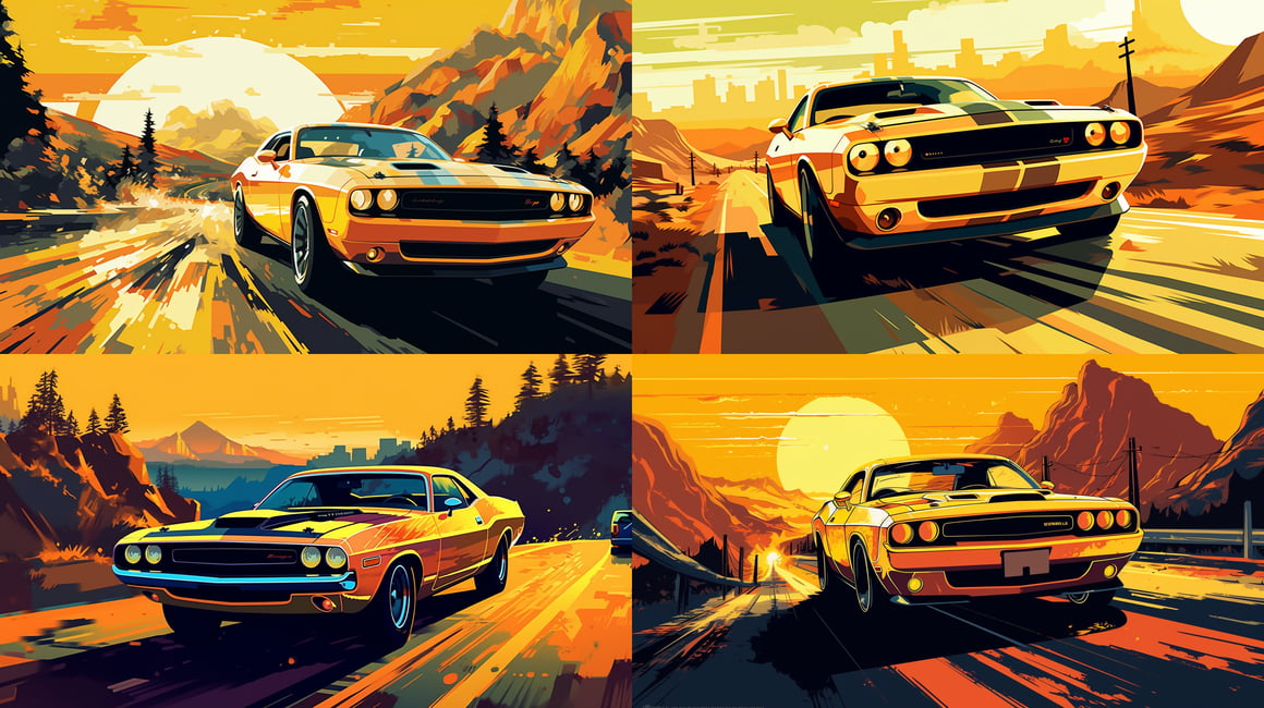 A Stylized Digital Illustration of a Classic Dodge Challenger Journey