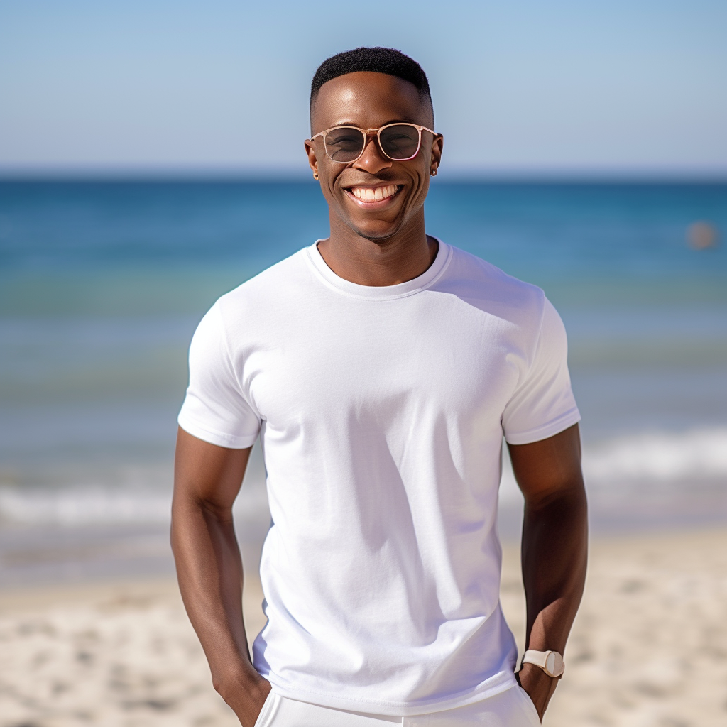 Hawaiian Beach Photoshoot with Suave African American Model in Plain White Tee