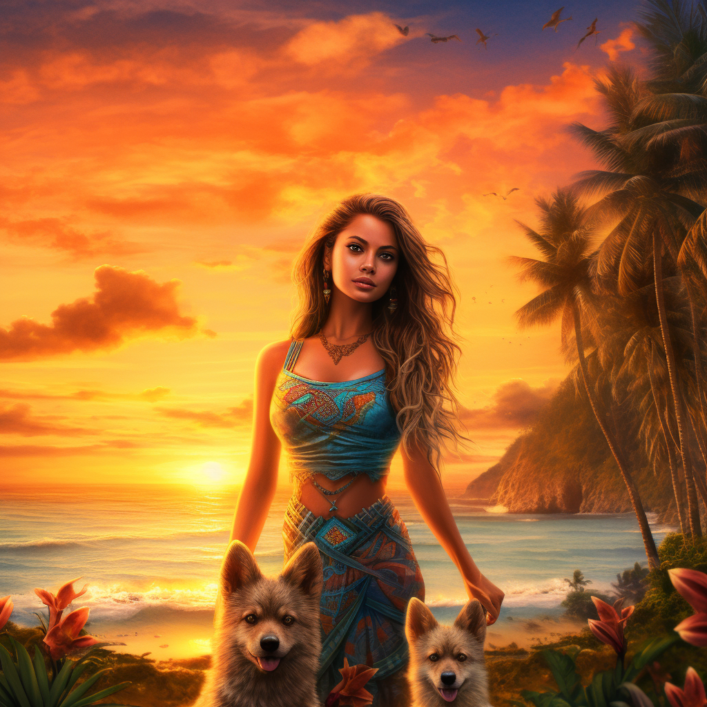 A Tropical Vista of a Goddess and her Pomskies