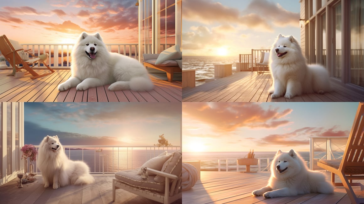 Chill Samoyed on a Sunset Beach Terrace