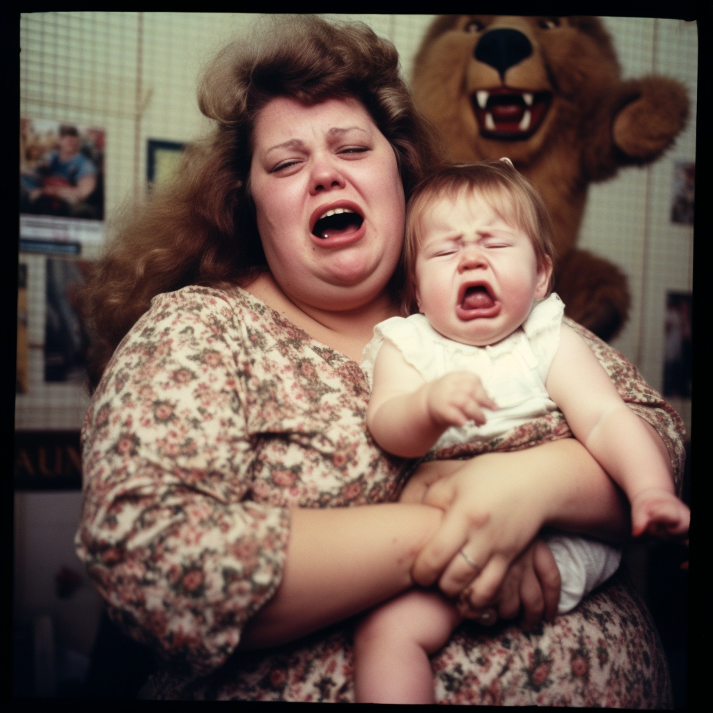 Middle-aged Woman with Baby Mid-Journey Breakdown