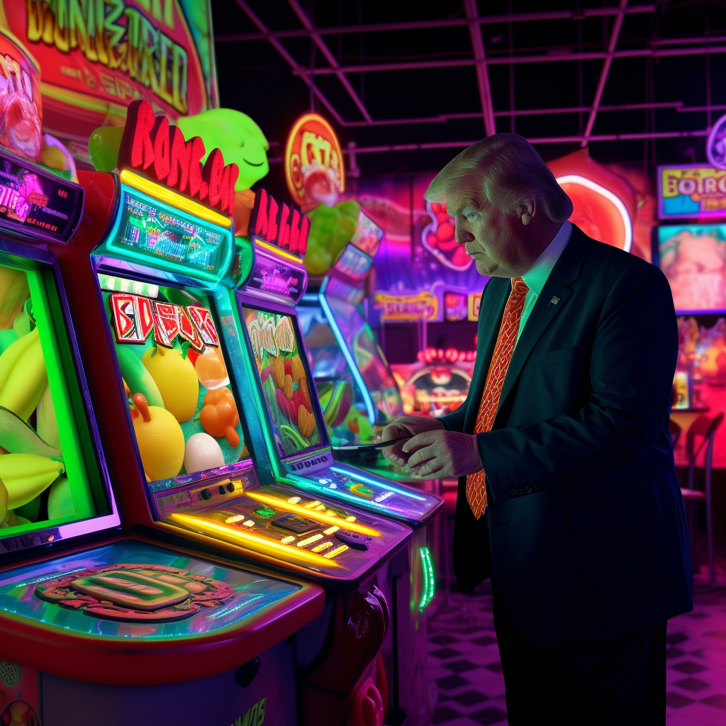 Neon Fruits Showdown: Burton's 8K Midway with Trump