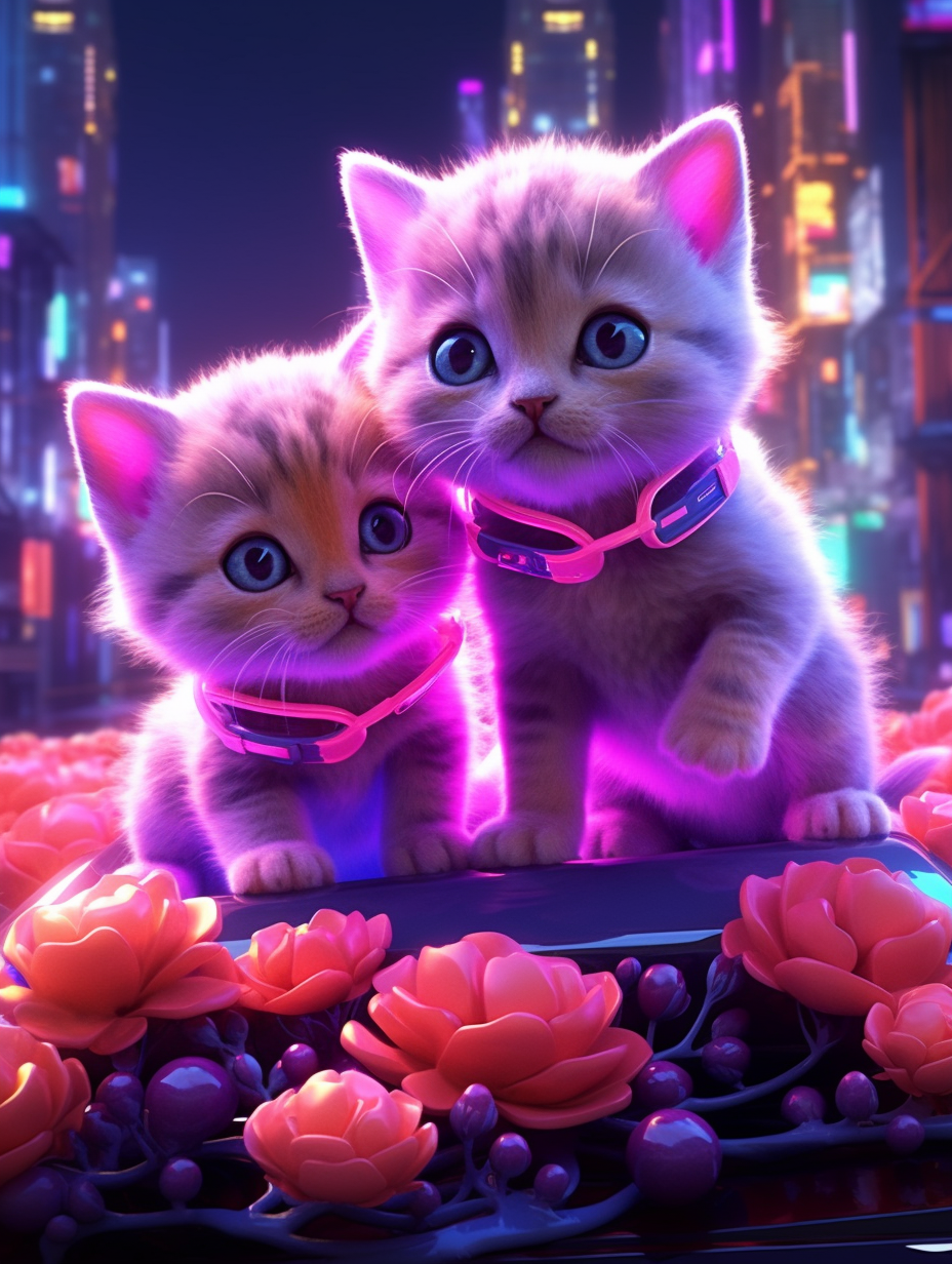 Neon Kittens Adventure in a Futuristic City Scene - 3D Render V5