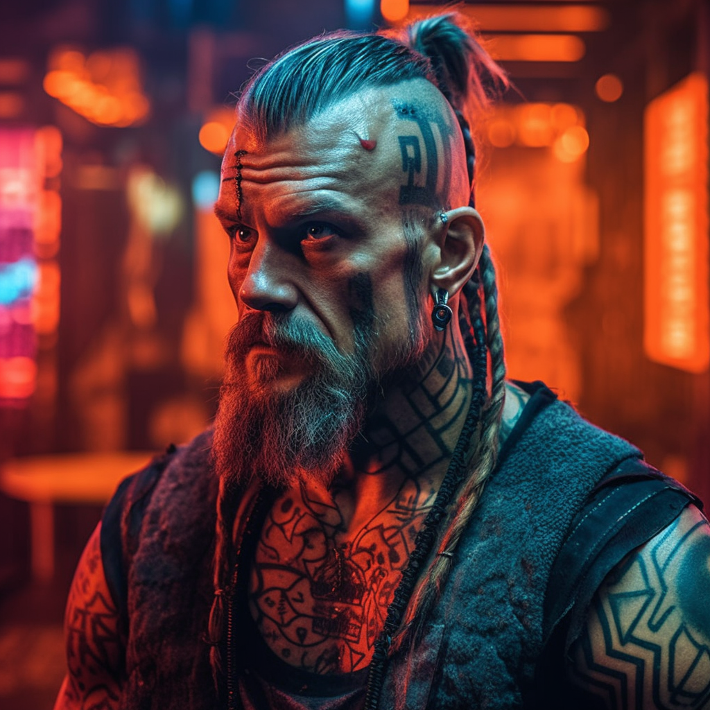 Raw Grit: Cyberpunk Viking Alleyway Encounter