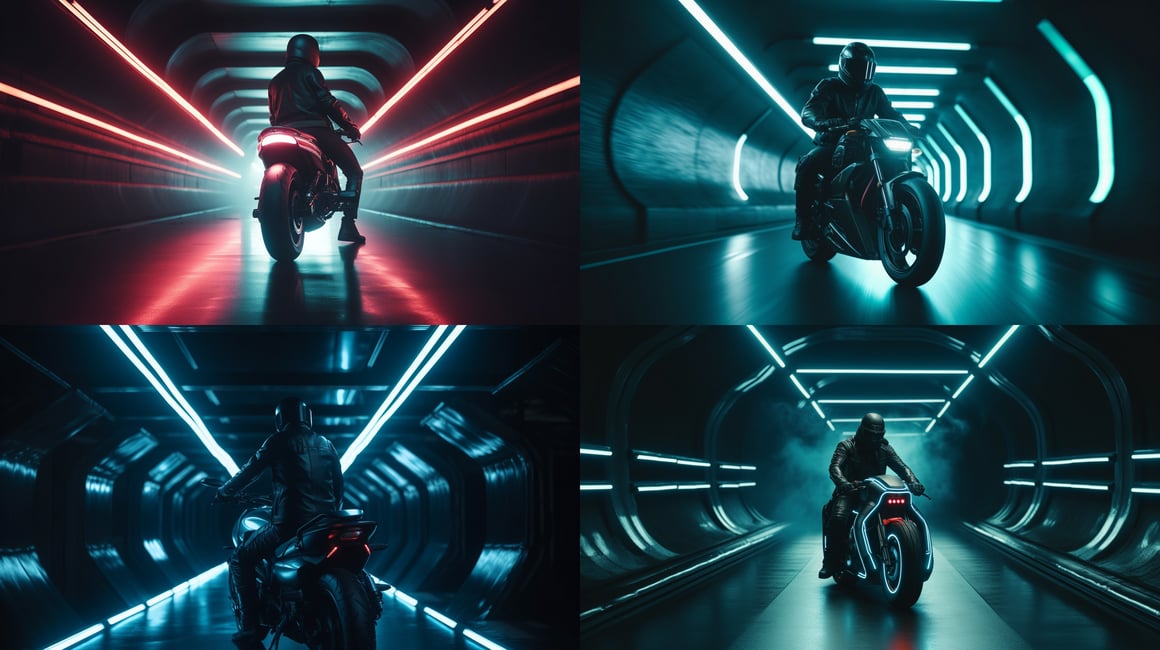 Neon Odyssey: Futuristic Bike Ride Mid-Journey
