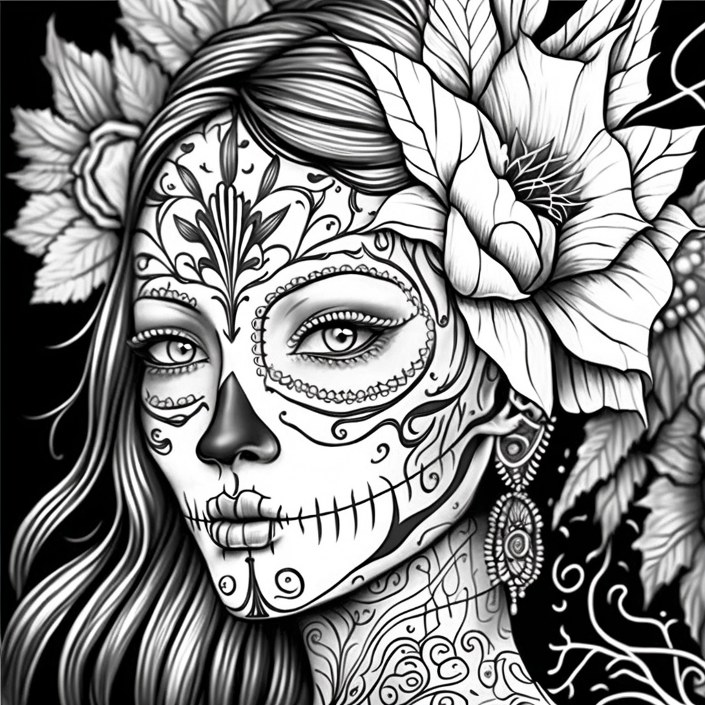 Detailed Dia de Los Muertos Adult Coloring Pages