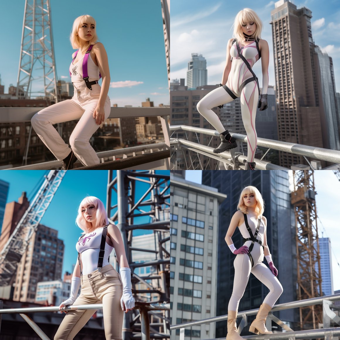 Detailed and Realistic Spider-Gwen Unmasked Illustration atop a NYC Crane