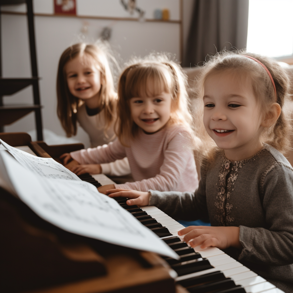 Children Discovering Music Grammar and Solfeggio in a Cozy Piano Class