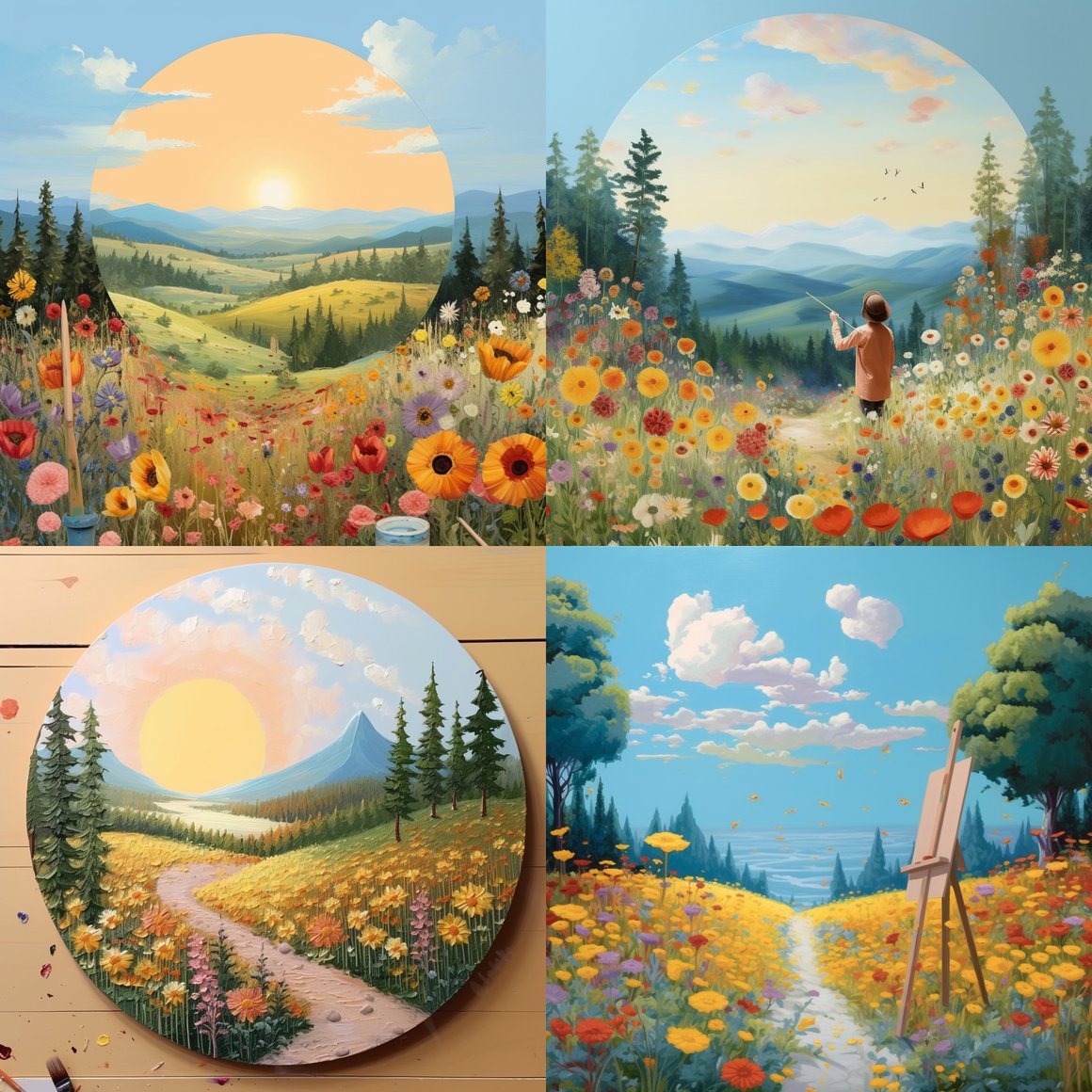 Sun-Drenched Floral Meadow with a Pine Tree Backdrop