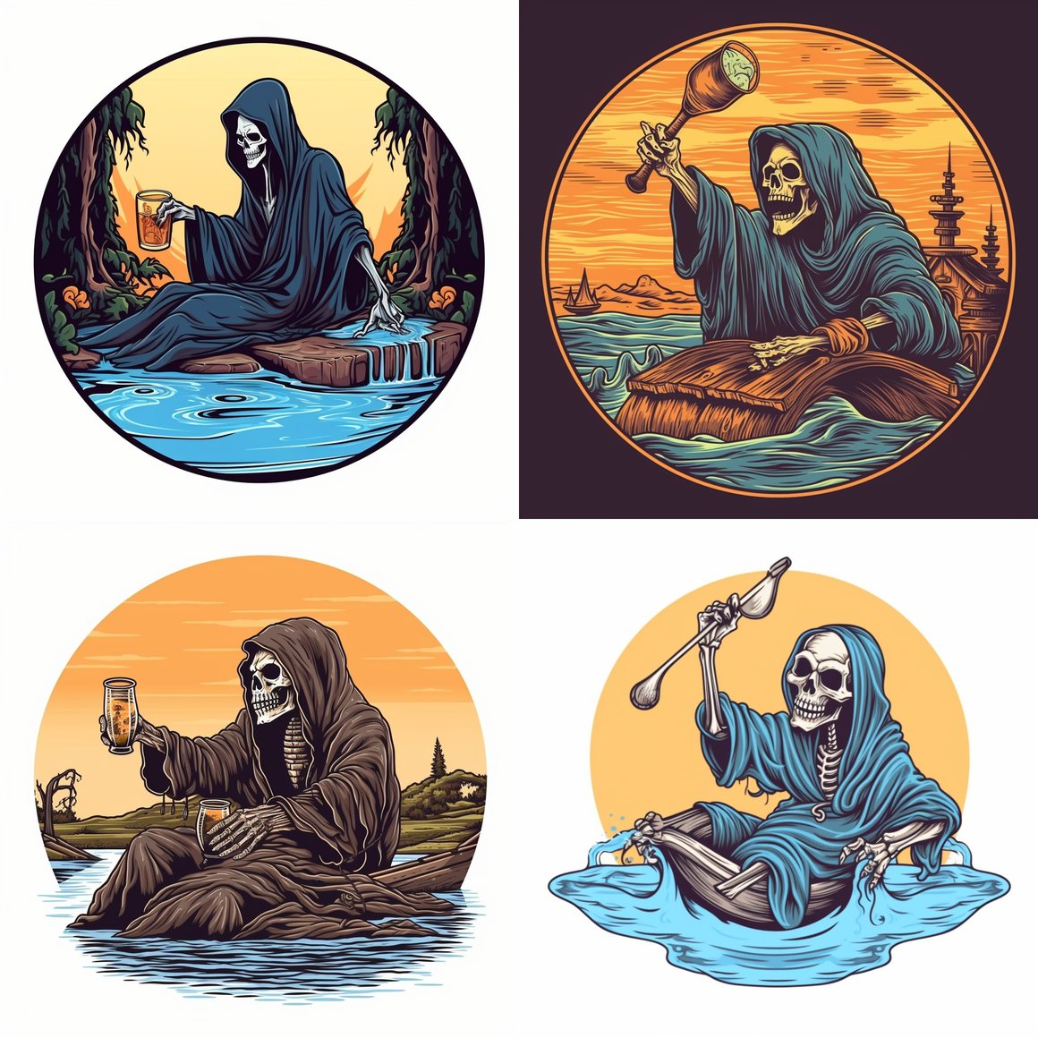 Chilling Reaper Voyage - Tattoo Style Illustration