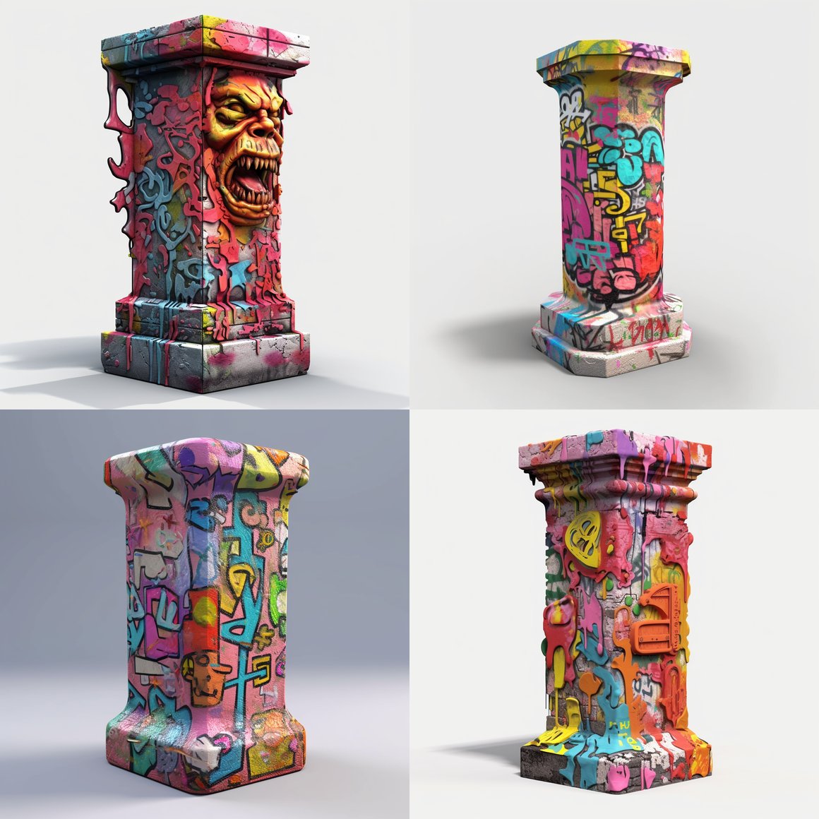 Urban Artistry: Graffiti-Infused Statue Pedestal 3D Model