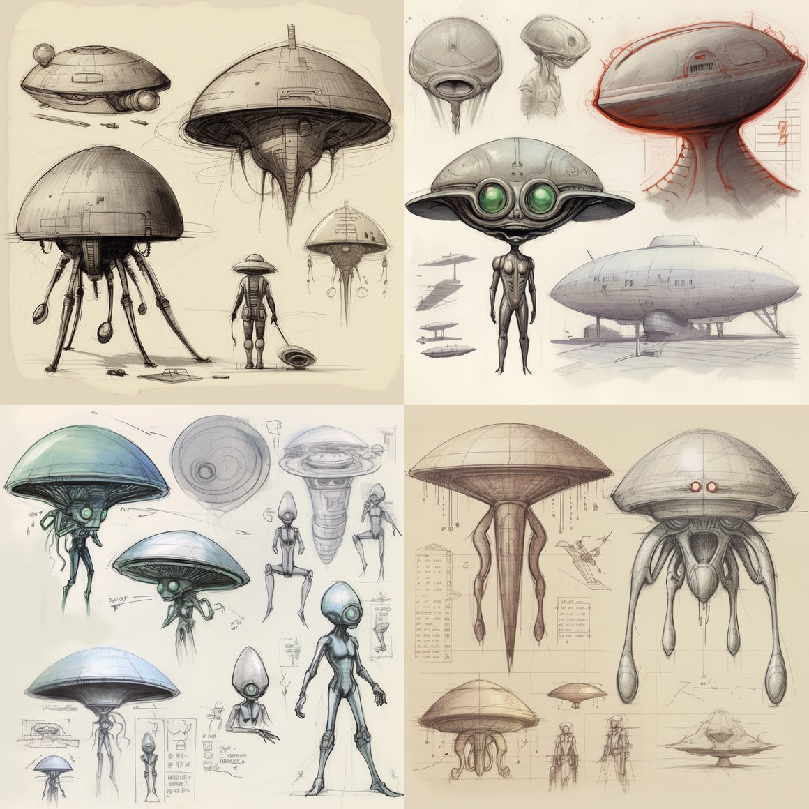Retro-Futuristic Alien and UFO Crash Scene Sketch