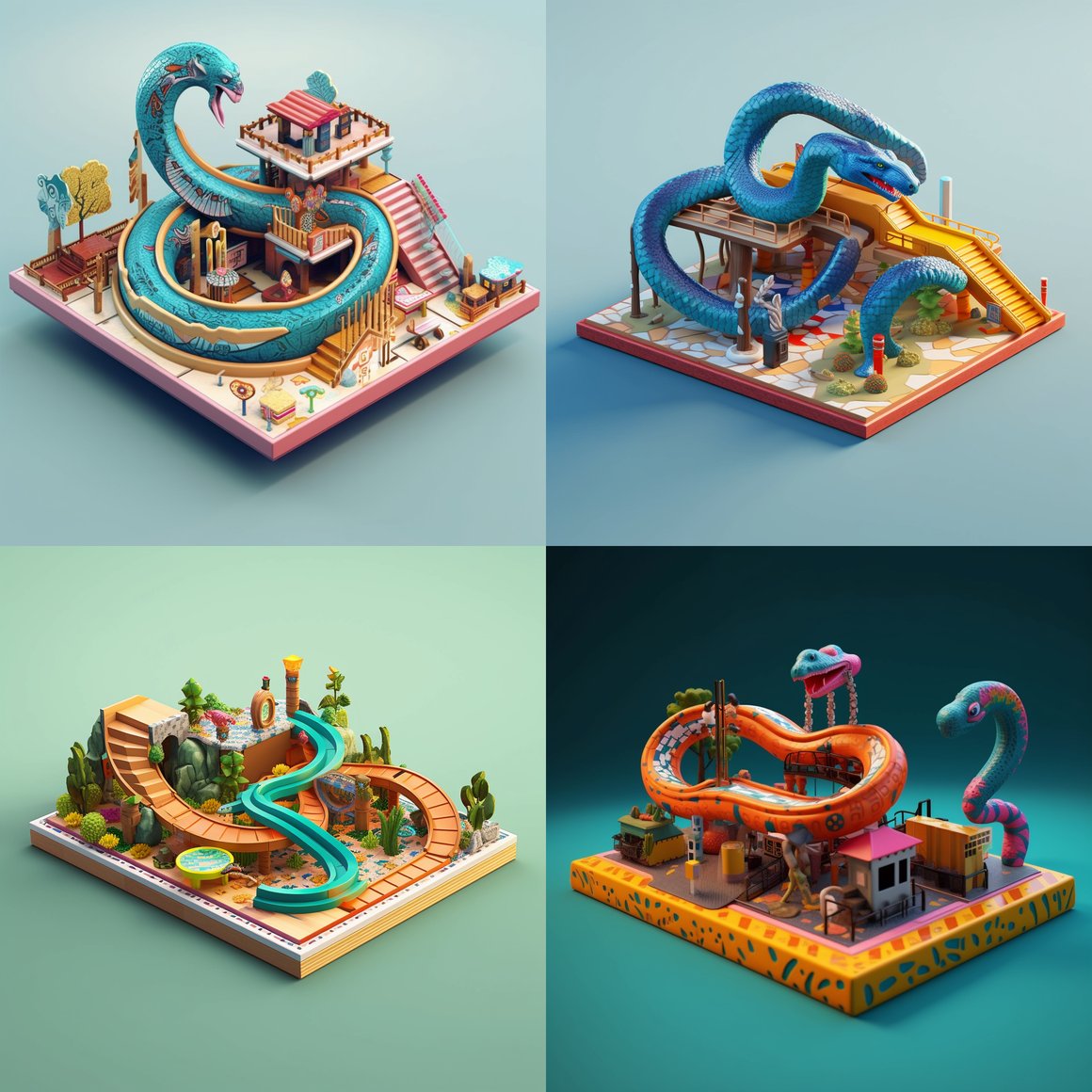 U-Shaped Fingerboarding Table at Waterpark with Giant Snake Monster Illustration