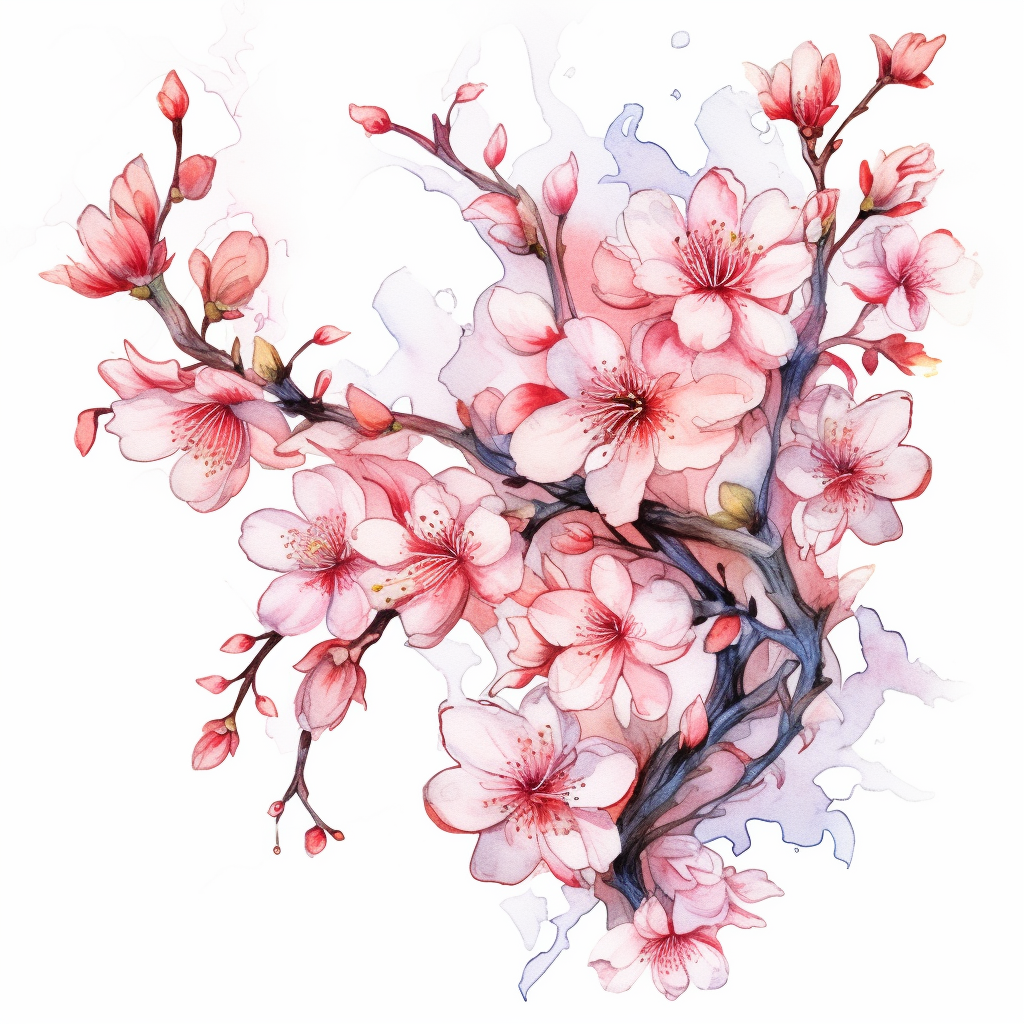 Baroque Sakura Blossom Tattoo Design in Watercolor Outline
