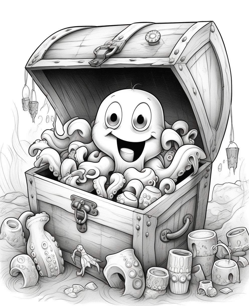 Happy Squid & Treasure Chest Coloring Activity