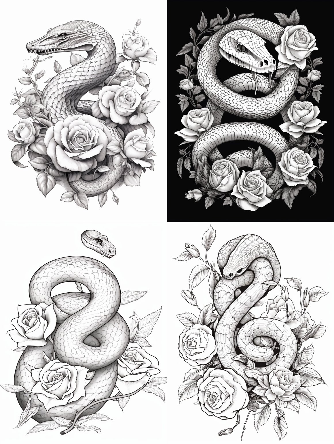 Vintage Tattoo Stencil: Snake & Rose Line Art Coloring Page