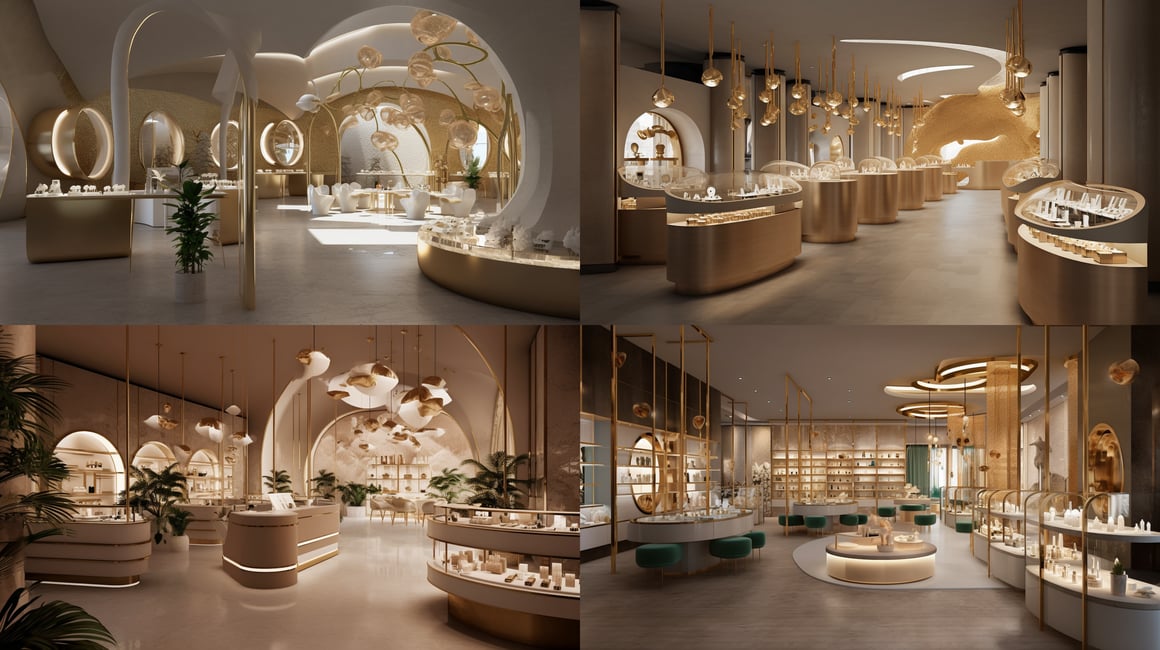Designing a Luxurious Ibiza-Inspired Jewelry Retail Space with Gaudi-esque Elements and Dramatic Lighting