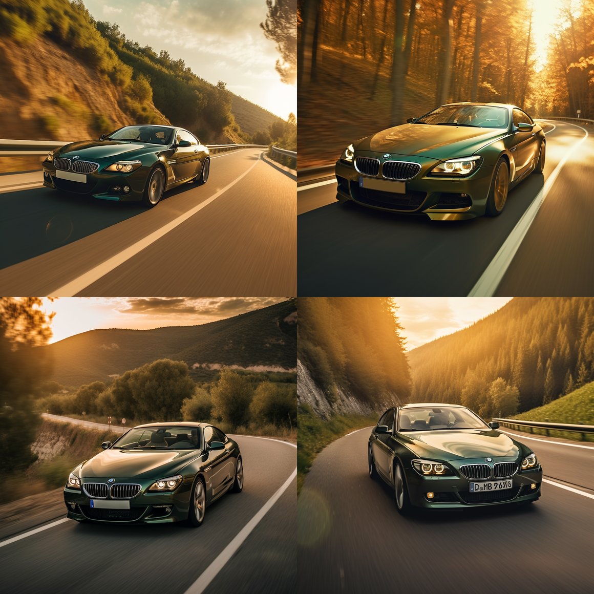 Detailed 4K View of a Green BMW 645ci E63 Coupe's Mid-Journey on a Winding Road