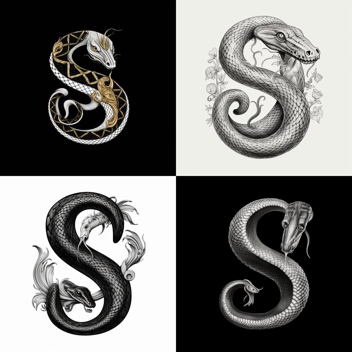 Hand-drawn S Letter Shaped Like Black and White Snake Logo