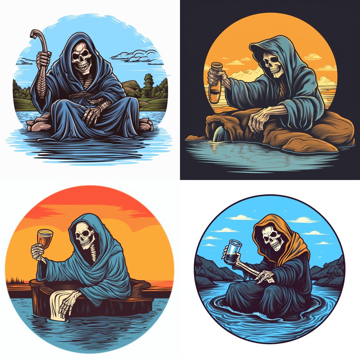 Chilling Reaper Voyage - Tattoo Style Illustration