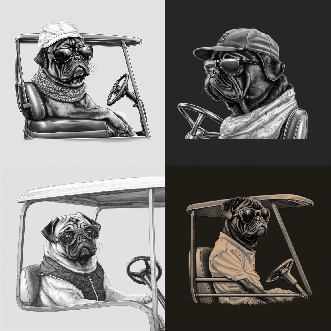 Mid-Way Technical Sketch of Fashionable Black Pug on Golf Cart Journey 4K
