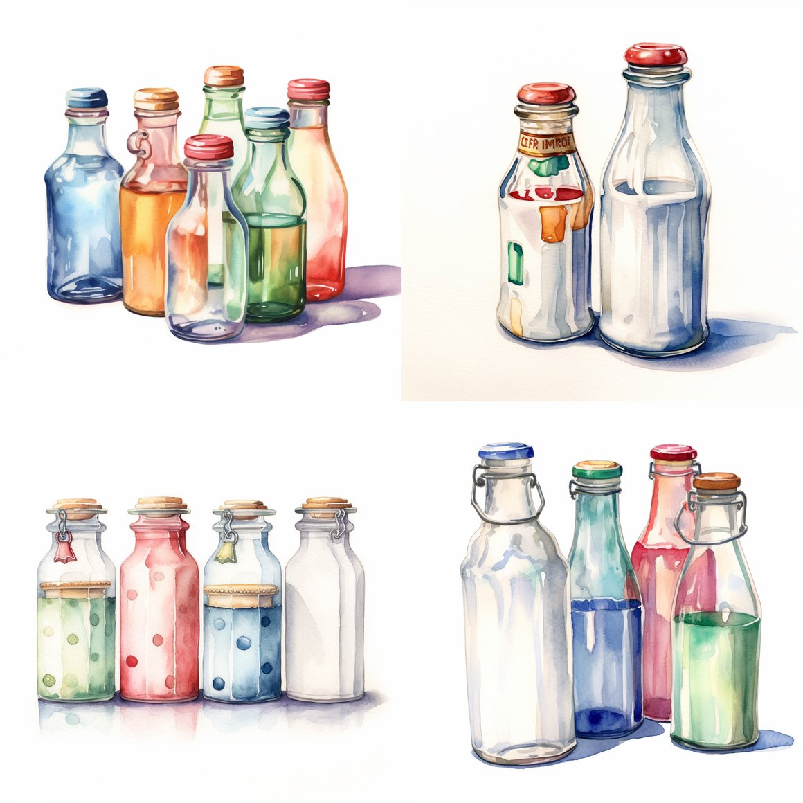 A Watercolor Display of Realistic Milk Bottles