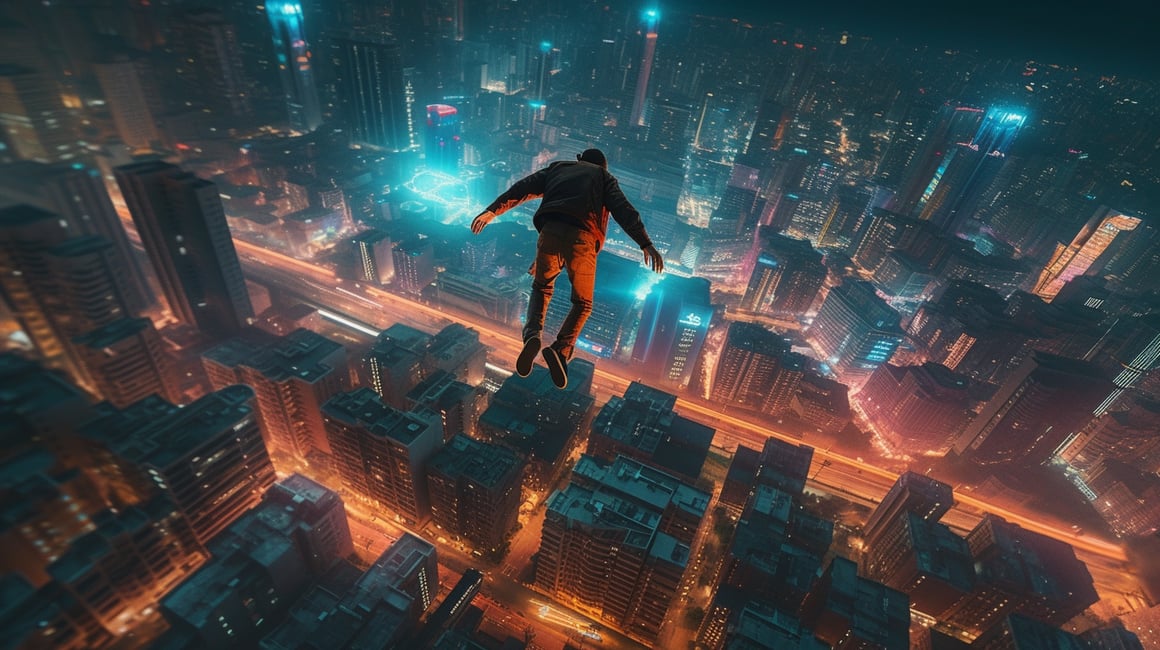 Neon Nights: A Mid-Air Odyssey Over the City