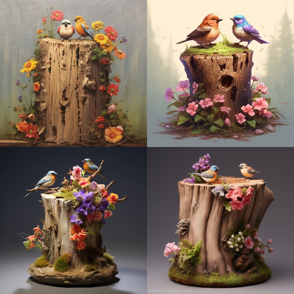 Nature's Oasis: Floral Tree Stump and Birds