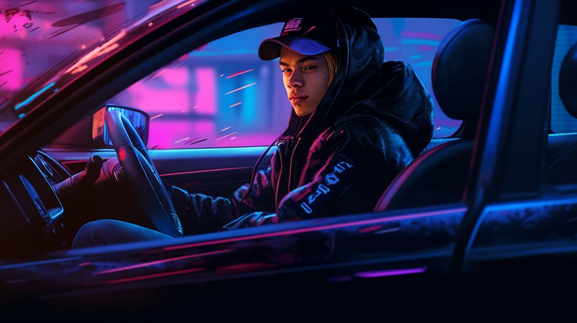 Neon Cruise: Synthwave Journey in JDM Tuner Car