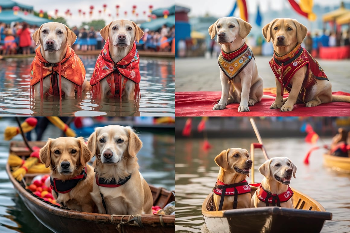 A Stylish Fusion of Labrador Retriever Dogs at Chinese Dragon Boat Race in High-Resolution Elegance