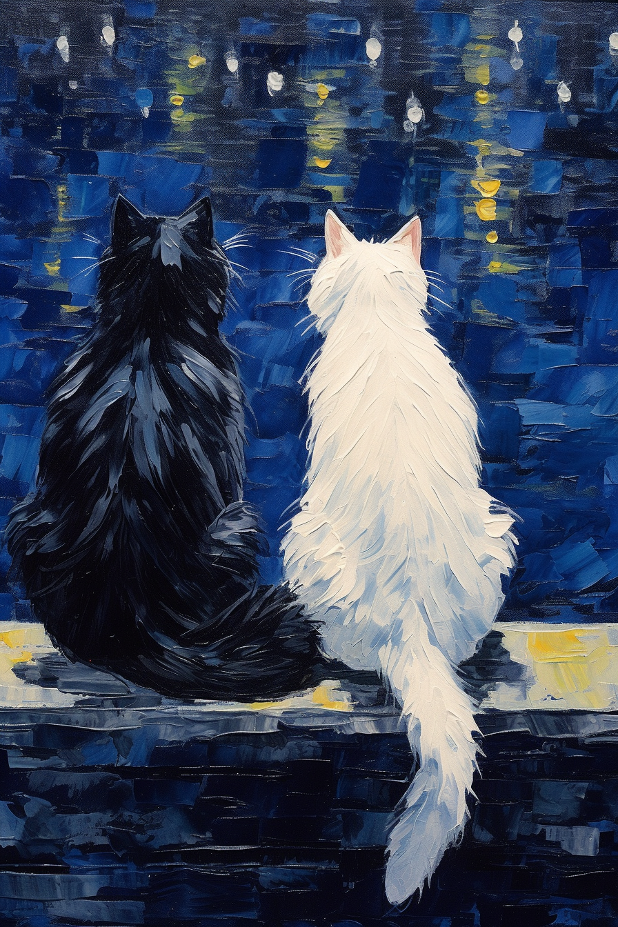 Midnight Feline Companions: A Starry Night Encounter