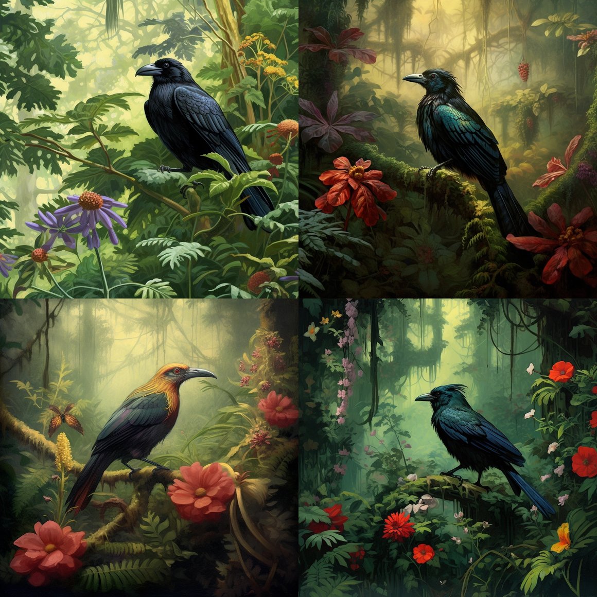 Hawk_and_Sick_Crow_Mid-Journey_in_Verdant_Forest_with_Hummingbird_on_Big_Flower.png
