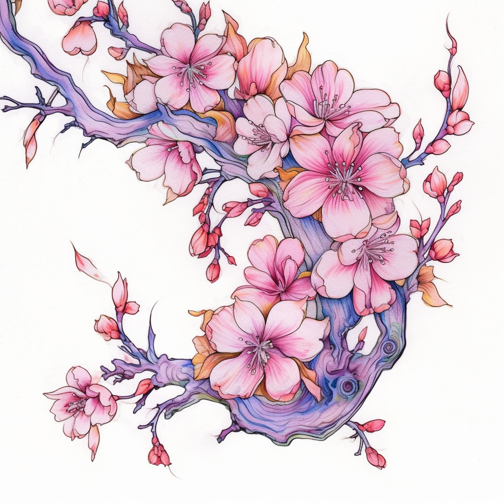Baroque Sakura Blossom Tattoo Design in Watercolor Outline