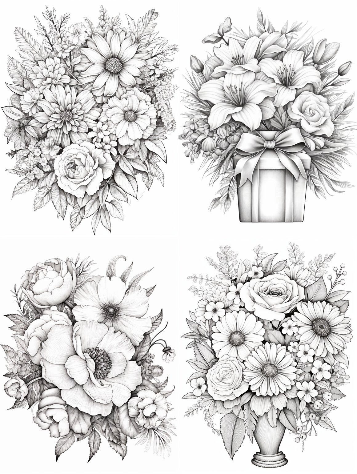Mid-Trip Floral Coloring Page - White Background (AR 3:4)