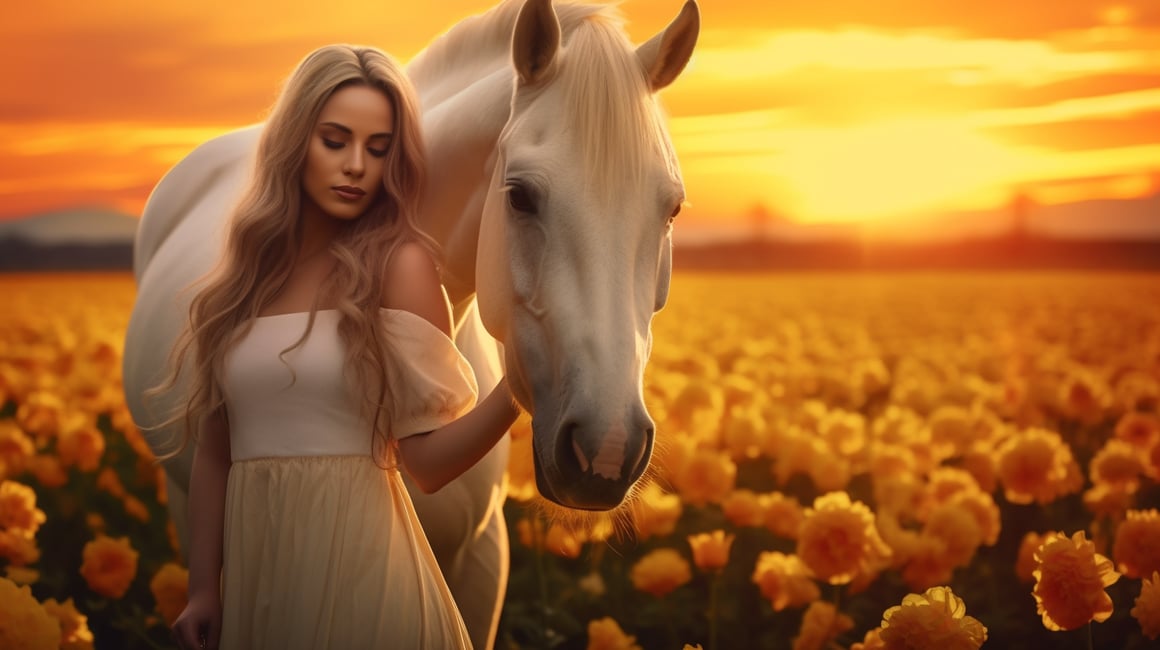 Retrato Cinemático de Mujer Pelirroja en Valle de Tulipanes al Atardecer