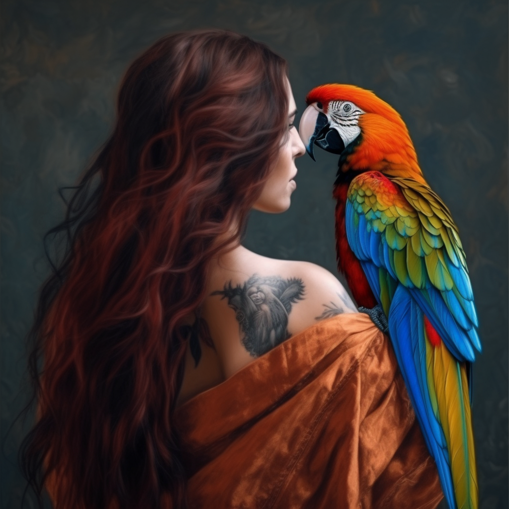 Harmonious Encounter: Woman and Macaw in Hyperrealistic 4K