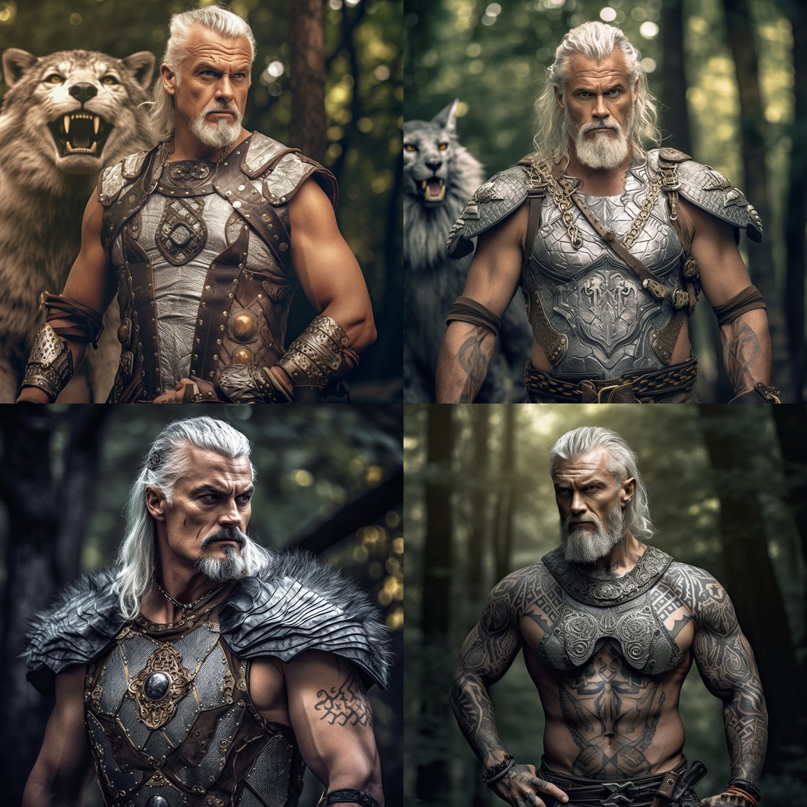 Ultra-Detailed Mid-Journey of a Futuristic Viking Barbarian with Tattooed Face & Horseshow Mustache in Silver Chest Plate Armor, Accompanied by Futuristic Wolf in Woods - UHD Photo