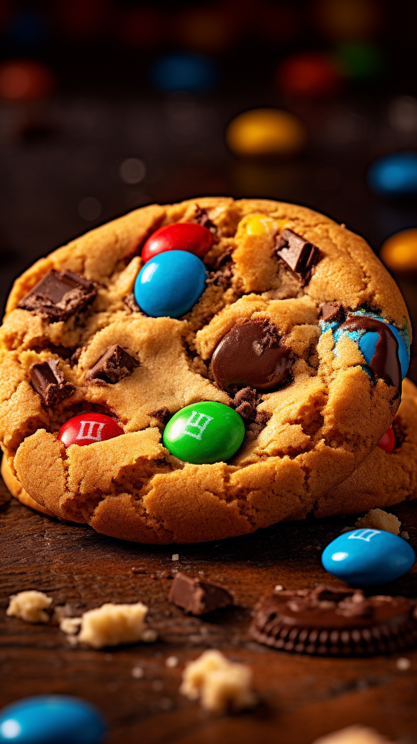 Chocolate M&M Chips Cookie in Soft Ambiance Captured with Fujifilm X-Pro3, Realistic and Vibrant 9:16 Image