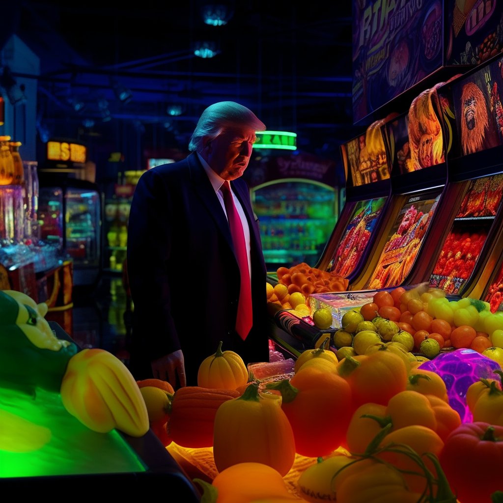 Neon Fruits Showdown: Burton's 8K Midway with Trump