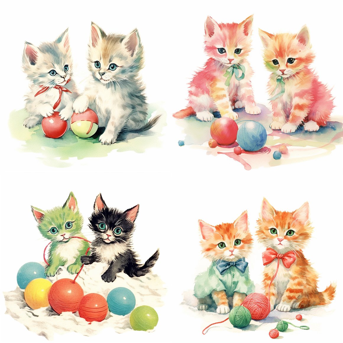 Retro Rebel Kittens: A Mid-Century Watercolor Frolic