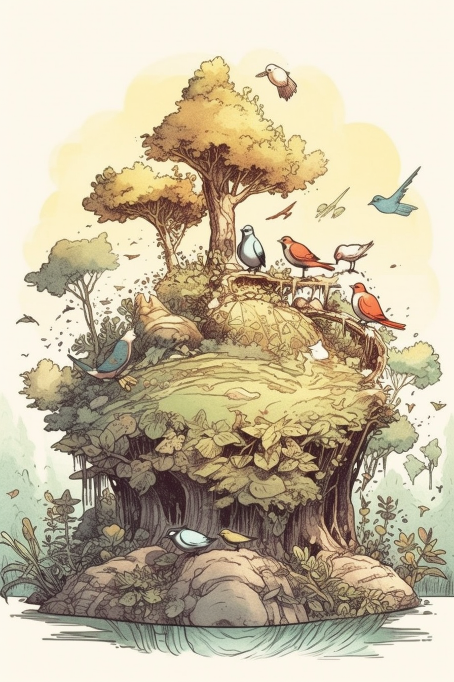 A Sun-Drenched Woodland Scene with Birds in the Style of Maurice Sendak and Michael Kaluta