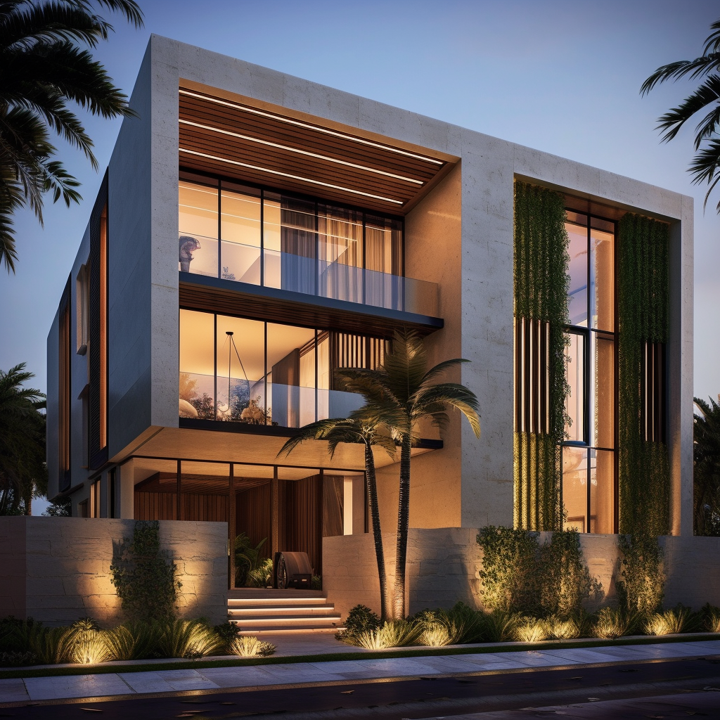 A Super Realistic, Minimalistic Design with Palm Trees and Pool, Enhanced by Stone Cladding