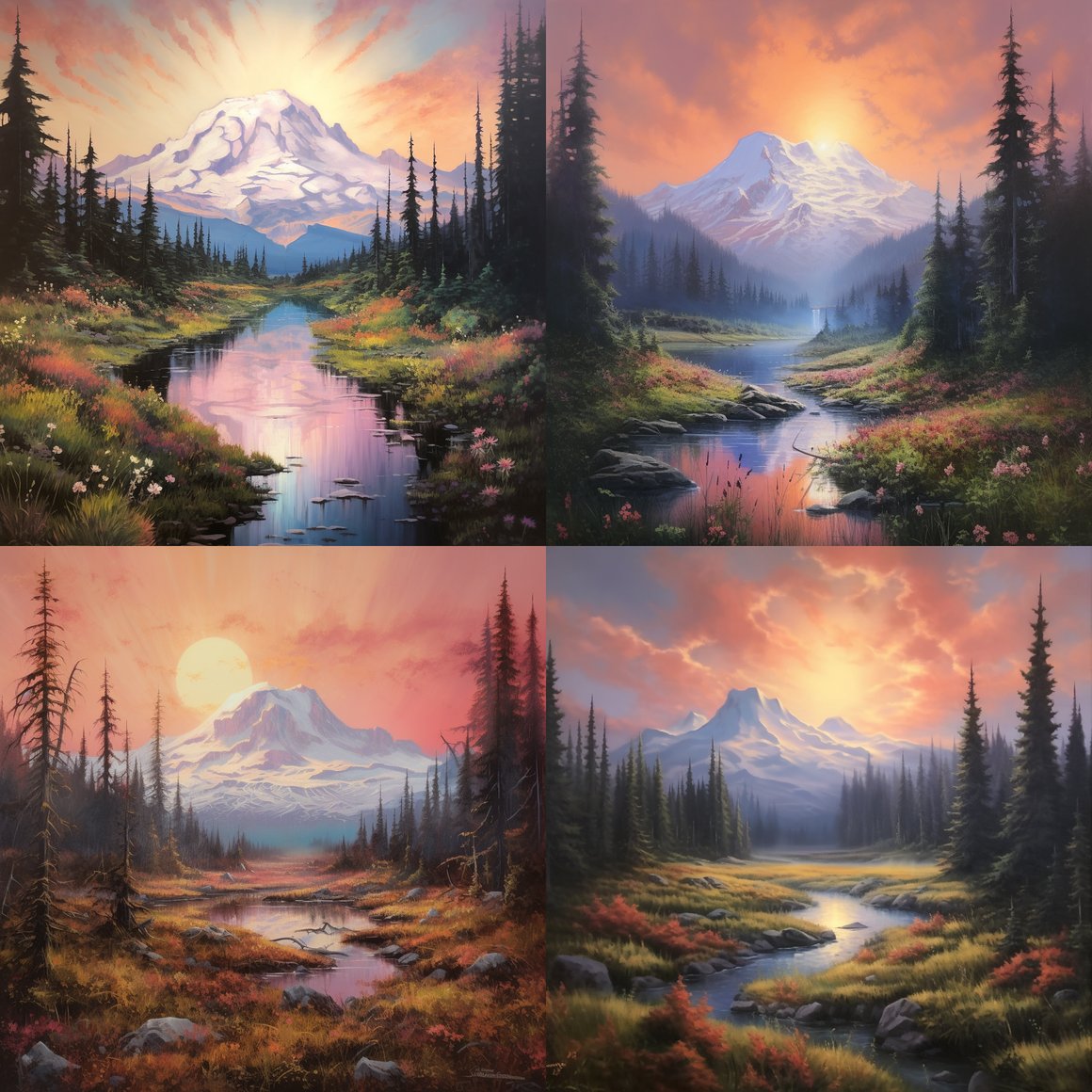 Summer Sunset Majesty: Mount Rainier in Matte Oil Painting