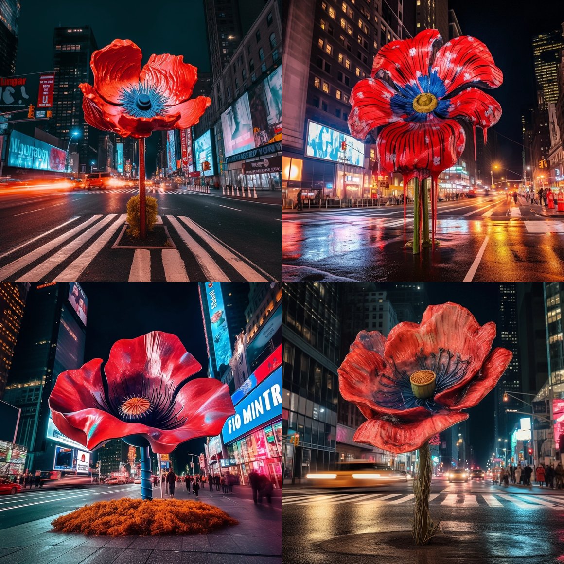 Midnight Blossom: A Neon Poppy at NYC Crossroads